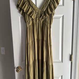 Tahari Olive Maxi Dress with Ruffled Sleeves